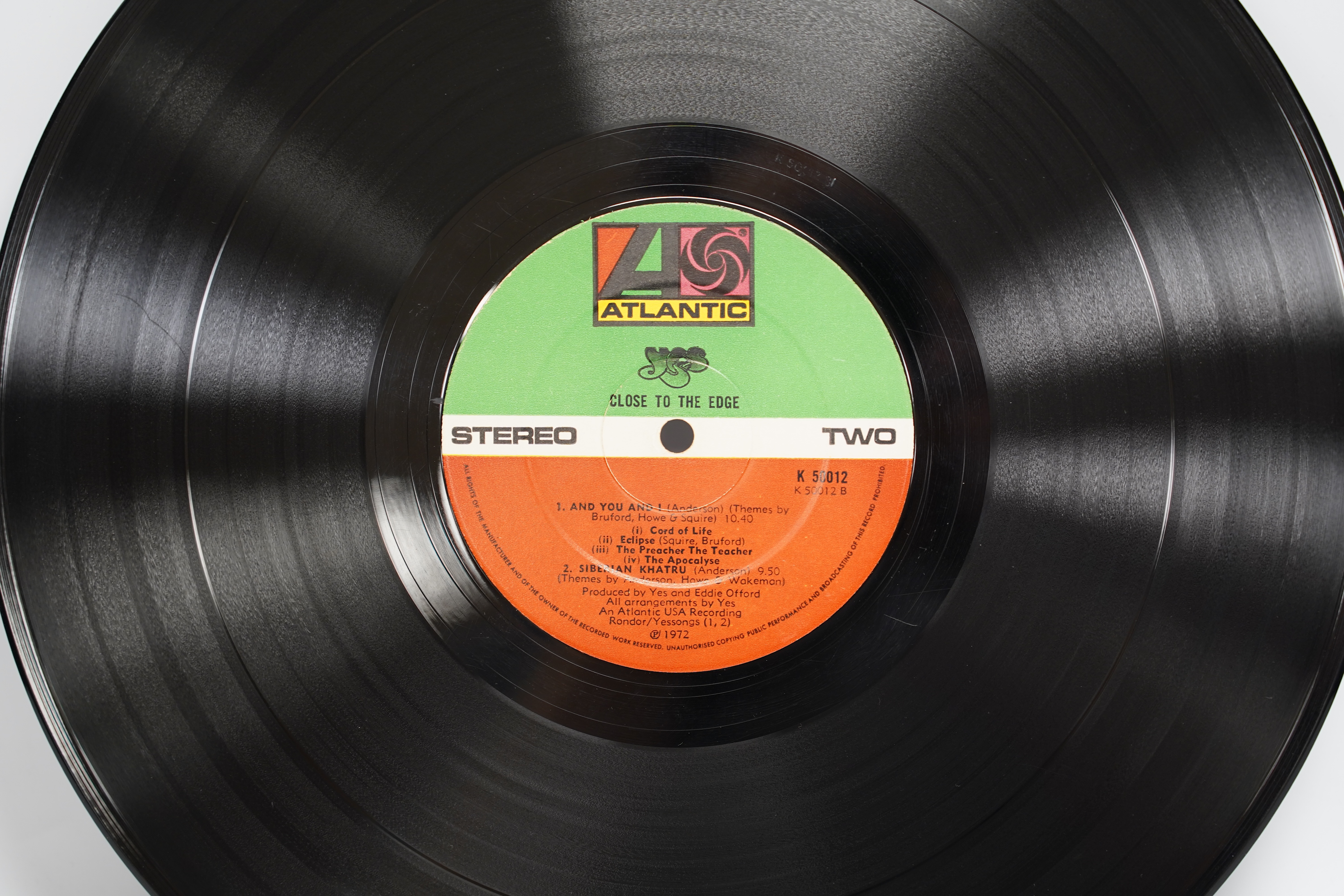 Five Yes LP record albums; Yes on Atlantic red and plum 588190 with insert lyric sheet, The Yes Album LP record album, on Atlantic red and plum label 2400101 in gatefold cover, Time and a Word on Atlantic red and plum la